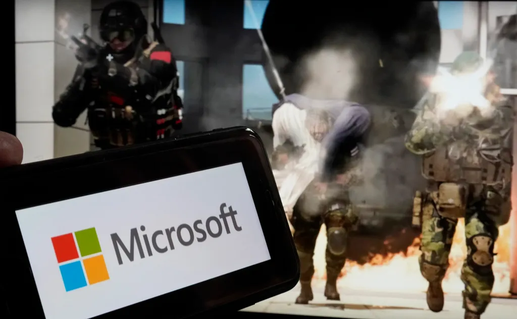A Microsoft logo with a screenshot from a Call of Duty video game in the background.