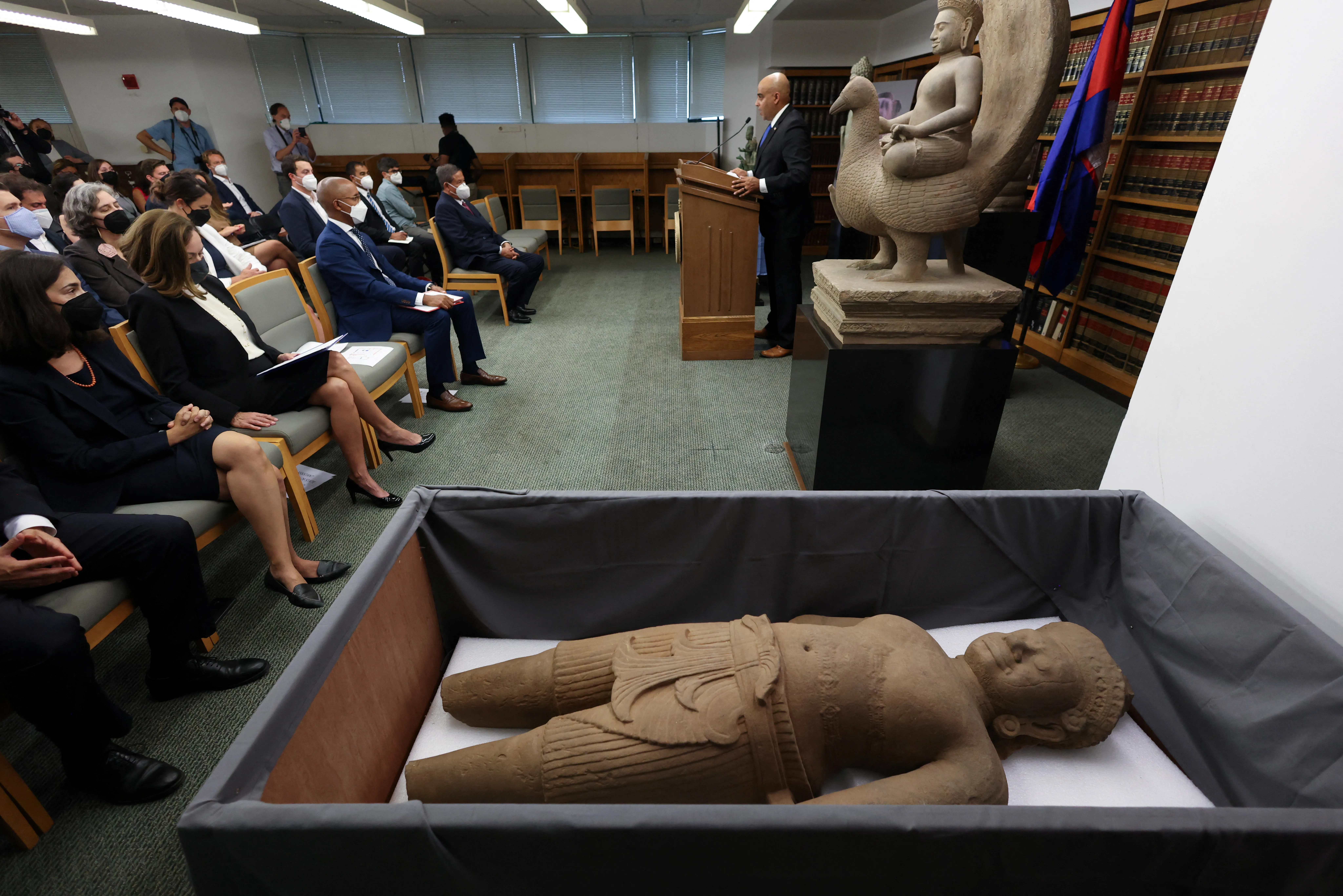 Ricky Patel, the Acting Special Agent-in-Charge of the New York Field Office of the Department of Homeland Security, delivers remarks during an announcement of the repatriation and return to Cambodia of 30 Cambodian antiquities sold to U.S. collectors and institutions by Douglas Latchford and seized by the U.S. Attorney's Office in Manhattan, New York City, U.S., August 8, 2022. REUTERS/Andrew Kelly