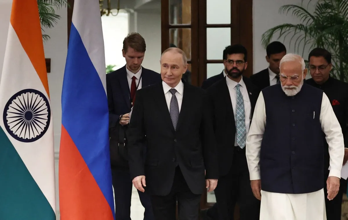 Russia&#039;s President Vladimir Putin and India&#039;s Prime Minister Narendra Modi are seen after their talks at Hyderabad House in New Delhi on December 5, 2025 [Alexander Kazakov/Sputnik/Pool via AFP]