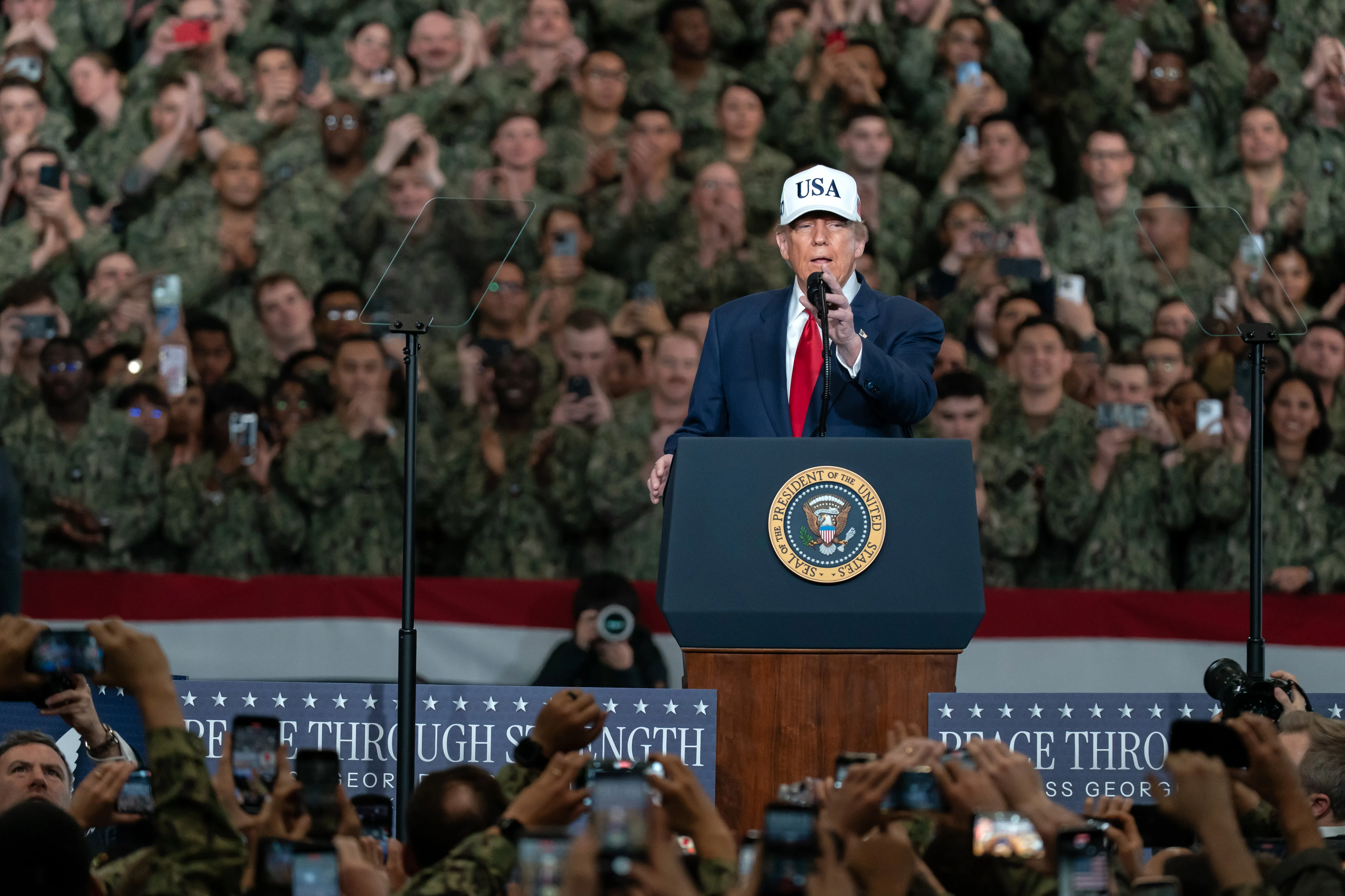YOKOSUKA, JAPAN - OCTOBER 28: U.S. President Donald Trump speaks to troops aboard USS George Washington on October 28, 2025 in Yokosuka, Japan. Trump is visiting Japan, fresh off an appearance at the ASEAN summit in Malaysia, and will next travel to South Korea for the APEC meetings. (Photo by Tomohiro Ohsumi/Getty Images)