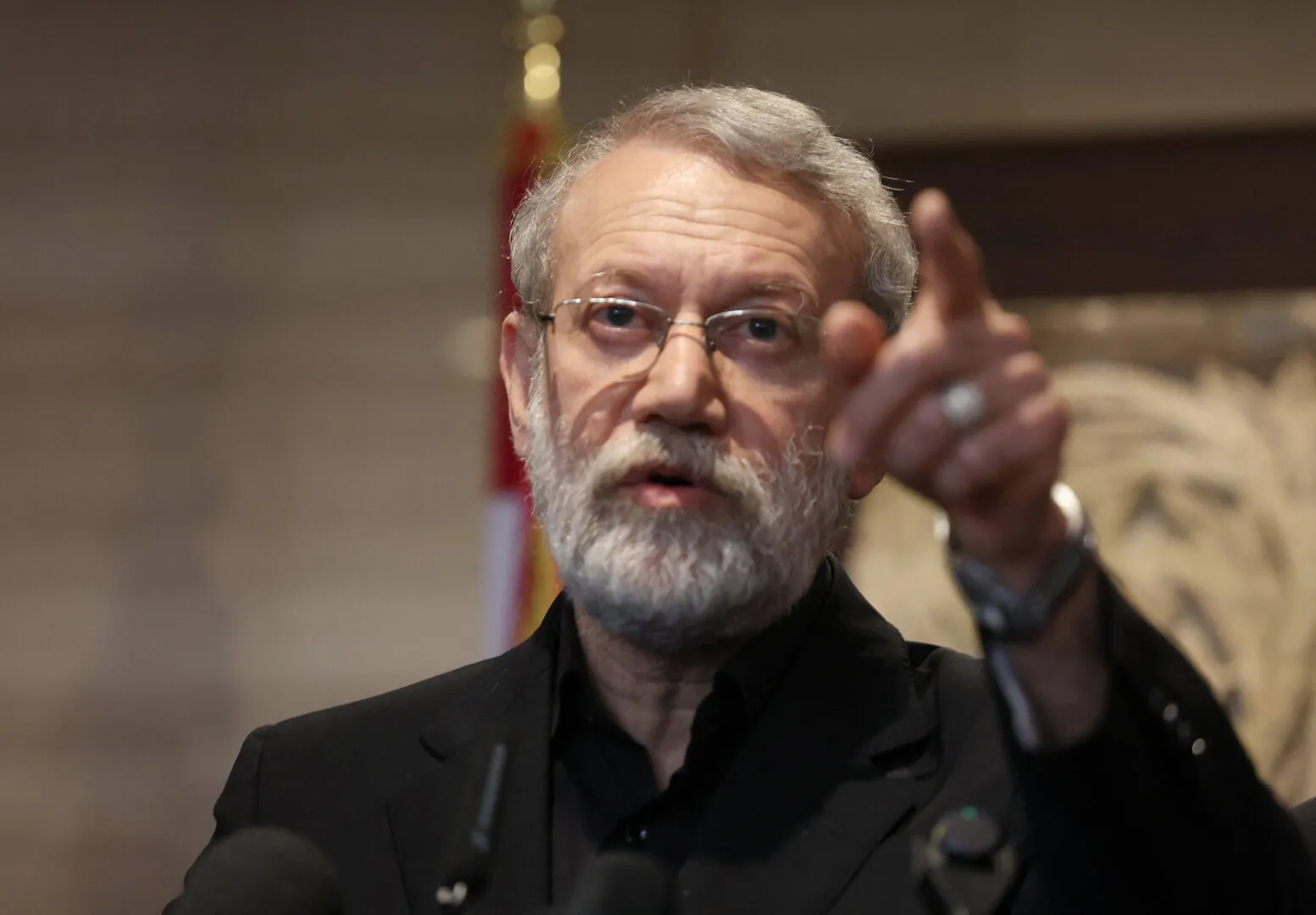 Iran's Supreme National Security Council Secretary&nbsp;Ali&nbsp;Larijani&nbsp;speaks after meeting with Lebanese Parliament Speaker Nabih Berri, in Beirut, Lebanon on Aug. 13, 2025. [Aziz Taher/Reuters]